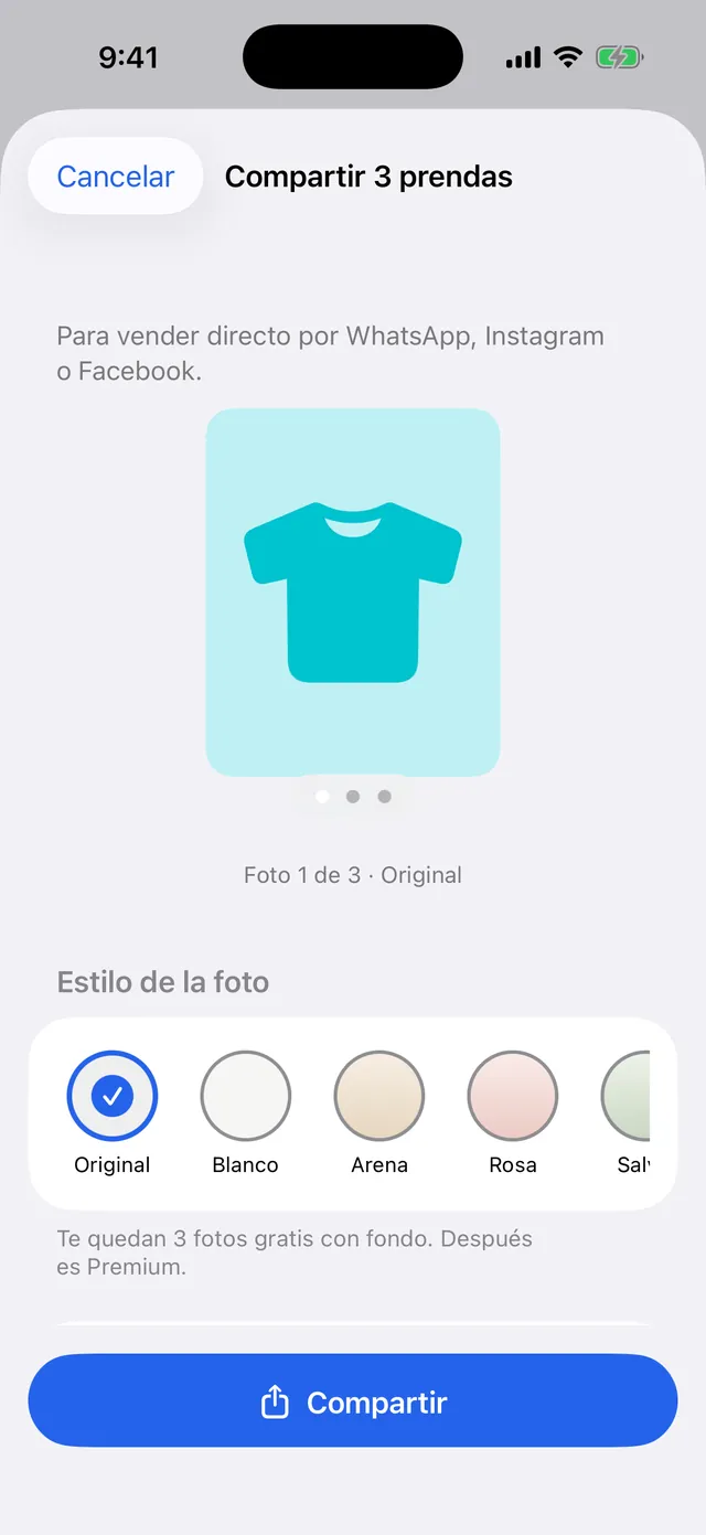 Pantalla Compartir con los estilos de fondo
